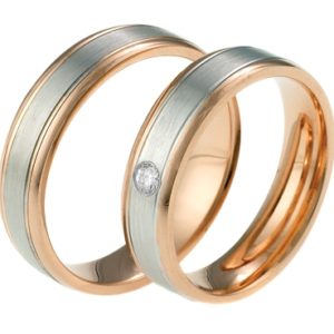 Trouwringen Witgouden band, met glanzend rose goud model 566